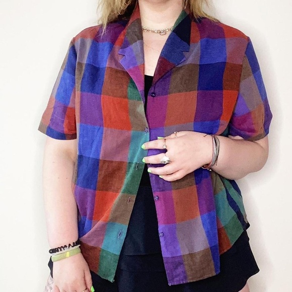 plaid checkerboard multicolor little button up top 18w - Picture 4 of 4